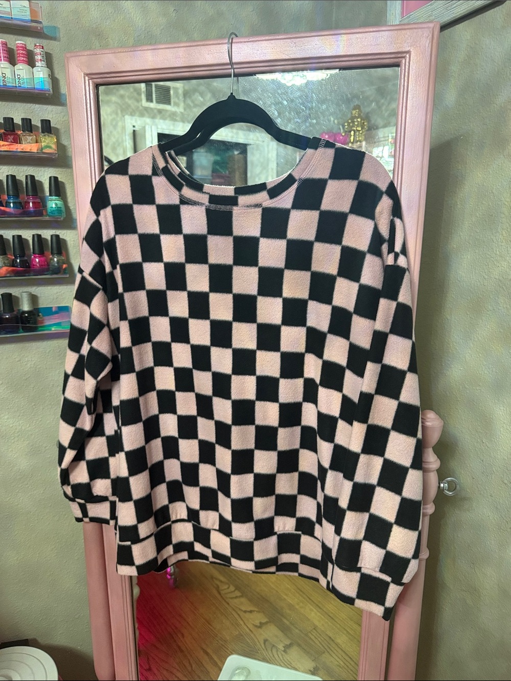 torrid Sleep Black and Pink Checkerboard Crewneck Fuzzy Sweater